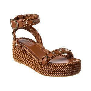 Valentino Rockstud 45 Rope & Leather Wedge Sandal, Black